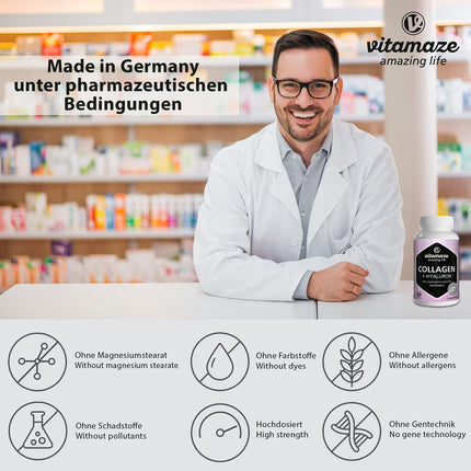 Augstas devas kolagēna kapsulas + hialuronskābe + hondroitīns + lizīns, 600 mg tīra kolagēna hidrolizāta dienā, 60 kapsulas 1 mēnesim, bioaktīvas un bez piedevām, ražotas Vācijā