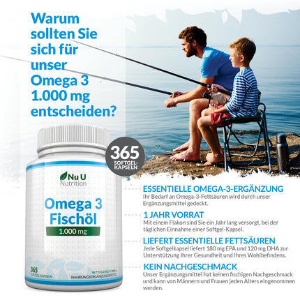 Omega 3 zivju eļļa 1000 mg - 365 kapsulas augstā devā - 900 mg EPA un DHA vienā devā triglicerīdu veidā - Tīra zivju eļļa no ilgtspējīgas zvejas - Neaizstājamās Omega 3 taukskābes - Nu U Nutrition