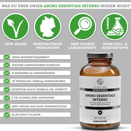 QIDOSHA® Master Amino Acid Complex tabletes, recepte saskaņā ar Dr. Moretti, 360 gabali/burciņā, ar 99% tīrā slāpekļa izmantošanu (NNU), 8 neaizvietojamās aminoskābes, 100% vegānisks