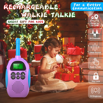 Ushining rācija bērniem, uzlādējama rācija ar 16 kanālu VOX radio, LCD lukturītis ar fona apgaismojumu, 3 km diapazons piedzīvojumiem brīvā dabā, kempingam, pārgājieniem, violeta