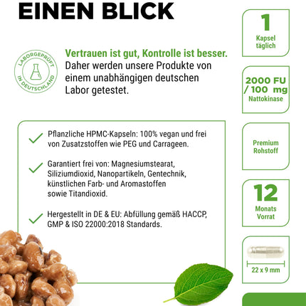 Nattokināze - 365 kapsulas pa 100 mg katra (20 000 FU/g) - 12 mēnešu krājumi - vegāns - bez ĢMO - bez nevēlamām piedevām