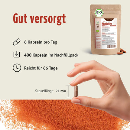 Mežrozīšu kapsulu bioloģiskās uzpildes iepakojums 400 gabali | smalks mežrozīšu pulveris kapsulu veidā | Bioloģiskā kvalitāte | vairāk nekā 66 dienas devas | vegānu kapsulas apvalks | no Ahterhofas