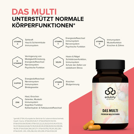 edubily nutrition® multivitamīnu kapsulas ar vitamīniem, minerālvielām un mikroelementiem, piemēram, hromu, jodu, varu, mangānu, molibdēnu, PQQ, Q10, selēnu, cinku, bez dzelzs - 90 mazas kapsulas (multivitamīni ar jodu)