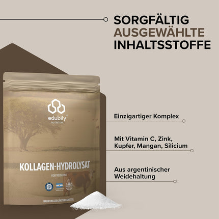 edubily nutrition® kolagēna pulveris • No sertificētām ganību saimniecībām • Augstākās kvalitātes kolagēna hidrolizāts ar kofaktoriem locītavu veselībai un stipriem saistaudiem • Iepakots maisiņā ar līplīša aizdari (750 g)