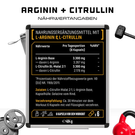L-arginīns + L-citrulīns - 320 kapsulas - 1100 mg vienā kapsulā - Citrulīns + arginīna bāze attiecībā 1:1 - Augstākās kvalitātes aminoskābes - Laboratorijā pārbaudīta kvalitāte - German Elite Nutrition
