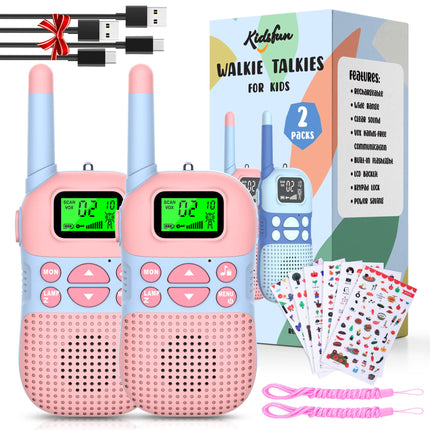 Kidsfun 2×Rācija bērniem, USB uzlādējama āra rotaļu rācija ar lukturīti, dāvana zēniem un meitenēm no 3 gadu vecuma, 3 jūdžu darbības rādiuss iepirkšanās, brīvā dabā, kempingam. Rozā