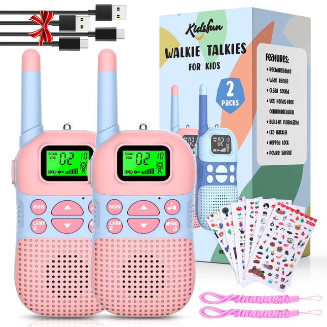 Kidsfun 2×Rācija bērniem, USB uzlādējama āra rotaļu rācija ar lukturīti, dāvana zēniem un meitenēm no 3 gadu vecuma, 3 jūdžu darbības rādiuss iepirkšanās, brīvā dabā, kempingam. Rozā