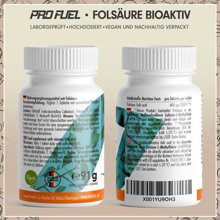 Folijskābe BIOAKTIV 400µg - 365 folskābes tabletes ar bioaktīvo L-5-MTHF folskābi - optimāli dozētas auglībai un grūtniecībai - laboratoriski pārbaudītas ar sertifikātu - 100% vegānas - viena gada krājums