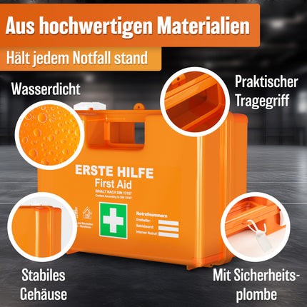 HELDENWERK Erste Hilfe Kasten nach neuer DIN 13157:2021 inkl. Wandhalterung & Aufklebern|Universal Erste Hilfe Koffer für Betrieb, Haushalt oder Gastronomie - Büro Verbandskasten gefüllt, Sanikasten