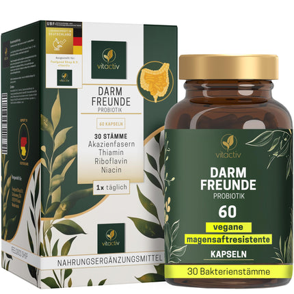 VITACTIV Intestinal Friends - probiotisko kultūru komplekss - 60 probiotiķu kapsulas - 30 baktēriju celmi, 100 miljardi CFU/g - laktobacilas un bifidobaktērijas, akācijas šķiedrvielas kā prebiotika, 8 B vitamīni