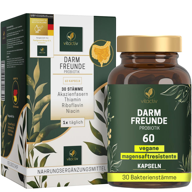 VITACTIV Intestinal Friends - probiotisko kultūru komplekss - 60 probiotiķu kapsulas - 30 baktēriju celmi, 100 miljardi CFU/g - laktobacilas un bifidobaktērijas, akācijas šķiedrvielas kā prebiotika, 8 B vitamīni