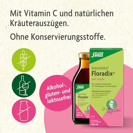 Salus Herbal Blood Floradix ar dzelzi - 1 x 500 ml - Īpašs augu izcelsmes toniks ar organiski saistītu dzelzi, augļu sulām un ārstniecības augiem - Pilnām dzelzs rezervēm dzelzs deficīta vietā
