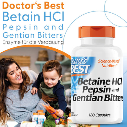 DOCTOR'S BEST betaīna hidrohlorīds ar pepsīnu un rūgto genciānu, 650 mg, 120 mīkstās kapsulas, augsta deva, laboratoriski pārbaudīts, bez sojas, bez glutēna, bez ĢMO, 113 g