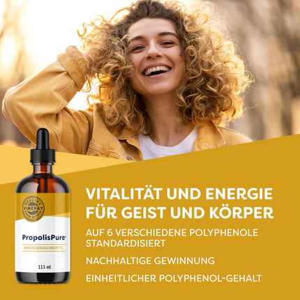Vimergy PropolisPure™ (57 devas) – 1220 mg propolisa pilieni – standartizēts polifenolu saturam – veģetārs uztura bagātinātājs – bez cukura vai piedevām – bez ĢMO un glutēna (115 ml)