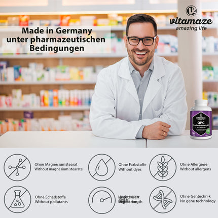 OPC vīnogu kauliņu ekstrakta kapsulas, sertificētas, augsta deva: 450 mg tīra OPC, 180 kapsulas 6 mēnešiem, dabīgs uztura bagātinātājs bez piedevām, ražots Vācijā