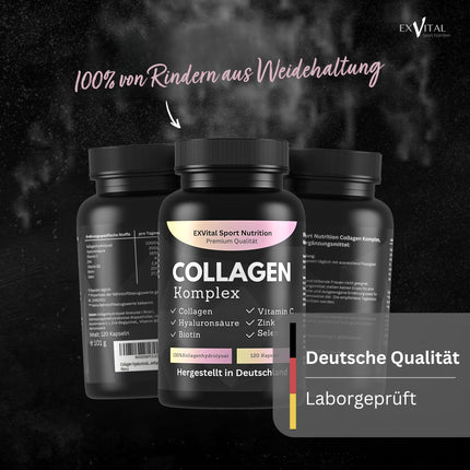 Kolagēna hialuronskābes komplekss, 120 kolagēna kapsulas no ar zāli barotas liellopu gaļas, bagātināts ar biotīnu, C vitamīnu, B2 vitamīnu, cinku un selēnu, 1000 mg kolagēna hidrolizāta dienā