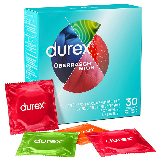 Durex Surprise Me prezervatīvu maisījums – maisījums ar 4 dažādiem prezervatīvu veidiem izmēģināšanai – 30 iepakojums (1 x 30 gabali)