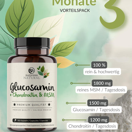 Surpresa dabīgā glikozamīna, hondroitīna un MSM kapsulas, augsta deva | 3 x 195 kapsulas | 4500 mg dienā | Uztura bagātinātājs bez piedevām un laboratoriski pārbaudīts | 1 mēneša piegāde