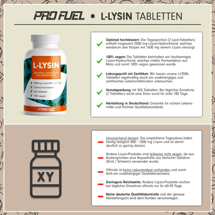 L-lizīna tabletes 365x - optimāli augsta deva ar 2000 mg lizīna hidrohlorīda dienā, no kuriem 1600 mg tīra L-lizīna - fermentācijas ceļā iegūta neaizvietojamā aminoskābe - 100% vegāns - laboratorijā pārbaudīts ar sertifikātu