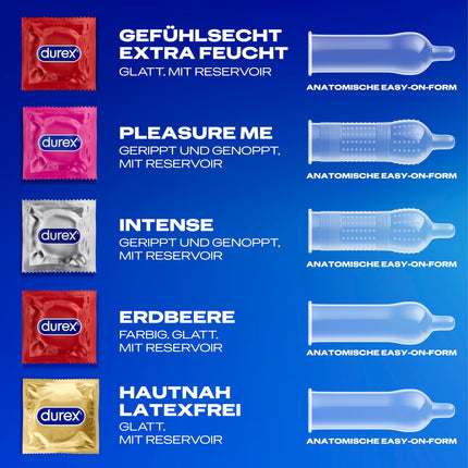 Durex Love Mix prezervatīvu maisījums – daudzpusīgs jaukts iepakojums ar 5 dažādiem prezervatīvu veidiem, ko izmēģināt – 40 prezervatīvi (1 iepakojums)