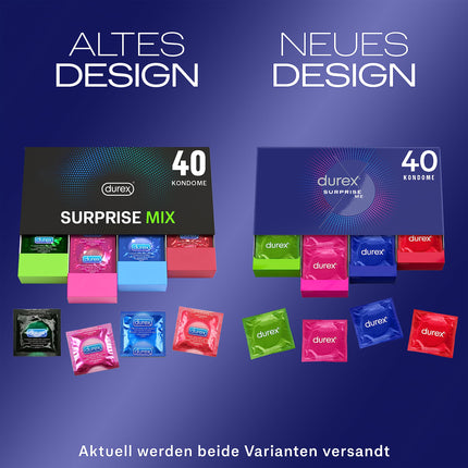 Durex Surprise Me prezervatīvi stilīgā kastītē — īpaši daudzveidīgi, praktiski un diskrēti iepakoti — uzticamai aizsardzībai ar patīkamu aromātu — lielapjoma iepakojums — 40 gab. (1 x 40 gab.)