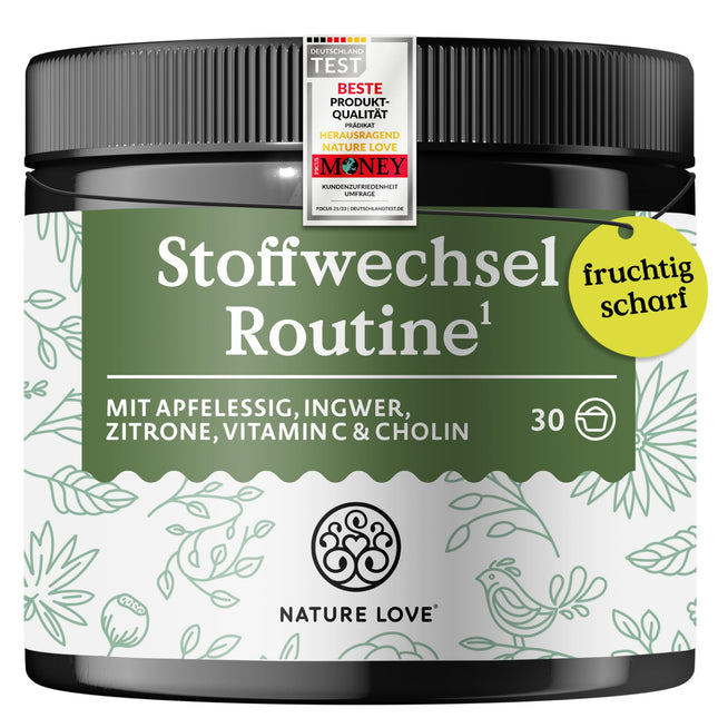 NATURE LOVE® Metabolism Routine 150g – Metabolisma dzēriens ar ābolu sidra etiķi, ingvera šotu un citronu – ar C vitamīnu un holīnu – vegāns, bez liekām piedevām – ražots Vācijā un laboratorijā pārbaudīts