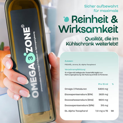 omega3zone Premium Omega-3 zivju eļļas šķidrums – augsta deva: 5400 mg vienā porcijā triglicerīdu veidā – laboratorijā pārbaudīts, rūpīgi attīrīts, ražots Vācijā – 500 ml ar citrona garšu