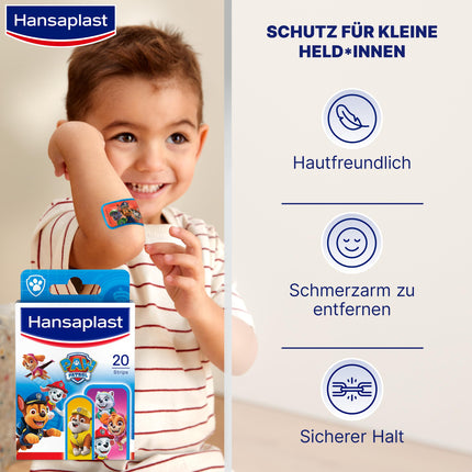 Hansaplast Kids Paw Patrol bērnu plāksteri (20 strēmelītes), brūču plāksteri ar krāsainiem Paw Patrol motīviem uzmundrināšanai, nesāpīgi noņemams plāksteris