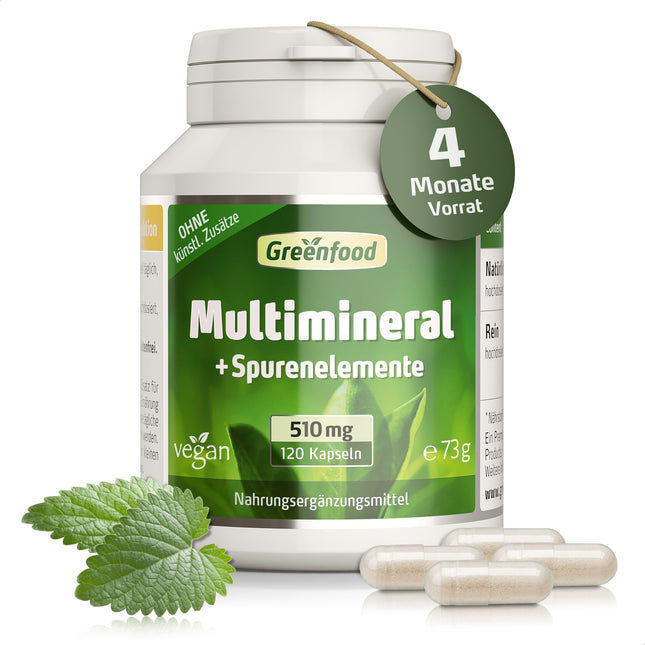 Greenfood multiminerāls, augsta deva, 510 mg - 120 kapsulas, vegāns. Minerālu komplekss un mikroelementi - magnijs, kalcijs, cinks, selēns un jods - kauliem, matiem, nagiem un nerviem. No Greenfood.
