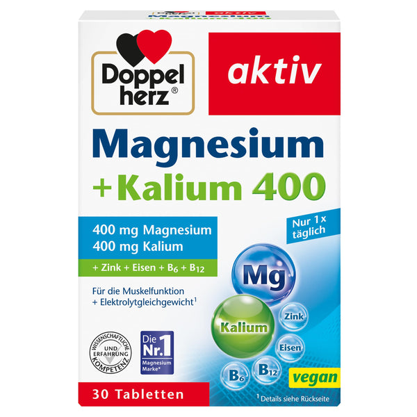 Doppelherz Magnijs + Kālijs 400 – Magnijs un kālijs veicina normālu muskuļu darbību – 30 tabletes