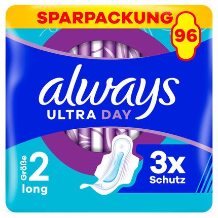 Always Ultra Pads sievietēm, 2. izmērs, garas, 96 higiēniskās paketes ar spārniņiem (3 x 32 gabali), vairāku iepakojumu iepakojums, īpaši plānas un ļoti absorbējošas