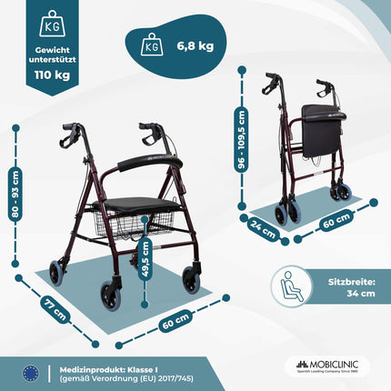 Mobiclinic®, Rollators, Escorial, Eiropas zīmols, Salokāms un viegls, Noslēdzama rokas bremze, Iešanas palīglīdzeklis, Alumīnijs, Noņemams grozs, Ar sēdekli un atzveltni, Bordo