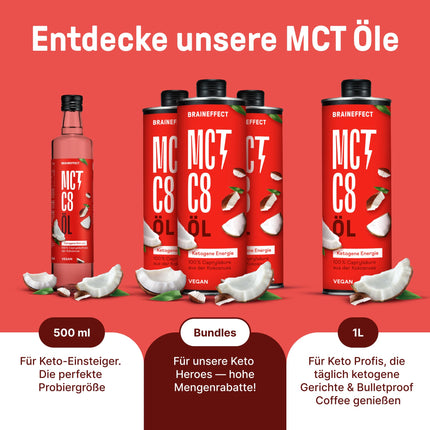 BRAINEFFECT MCT eļļa C8 (500 ml) – ražo par 300% vairāk ketonu nekā citas MCT eļļas (100% C8) – ketogēna diēta – tīrs kokosriekstu eļļas ekstrakts – ideāli piemērota ketogēnai diētai un necaurlaidīgai kafijai