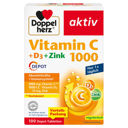 Doppelherz C vitamīns 1000 + D3 + cinks - Augsta deva ar C vitamīnu un D vitamīnu imūnsistēmas atbalstam un šūnu aizsardzībai - 100 DEPOT tabletes