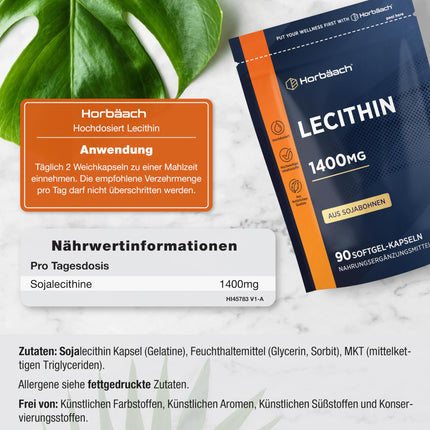 Lecitīna kapsulas 1400 mg | Augsta deva | 90 sojas lecitīna mīkstās kapsulas | Vitamīni zīdīšanas laikā ar E vitamīnu | Sojas lecitīns | Horbaach