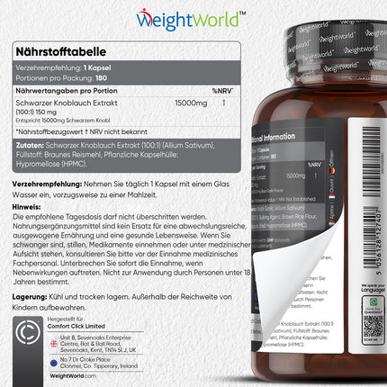 Melnais ķiploks 100:1 - 15000 mg vienā kapsulā - Ar alicīnu un S-alilcisteīnu - 180 vegānas kapsulas - 6 mēnešu krājumi - Pieaugušajiem - By WeightWorld