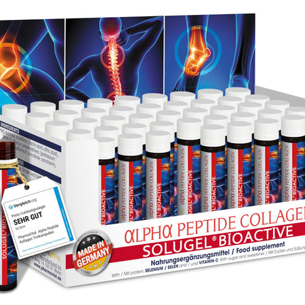 PharmaVital alfa peptīdu kolagēna dzeršanas ampulas (50 gab.) – 10 000 mg kolagēna hidrolizāta SOLUGEL®, C vitamīns, selēns, mežrozītes, Premium, ar bioaktīviem peptīdiem kauliem, locītavām, ādai