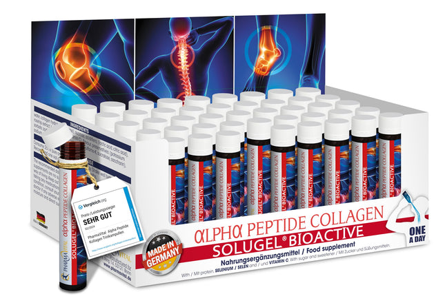 PharmaVital alfa peptīdu kolagēna dzeršanas ampulas (50 gab.) – 10 000 mg kolagēna hidrolizāta SOLUGEL®, C vitamīns, selēns, mežrozītes, Premium, ar bioaktīviem peptīdiem kauliem, locītavām, ādai