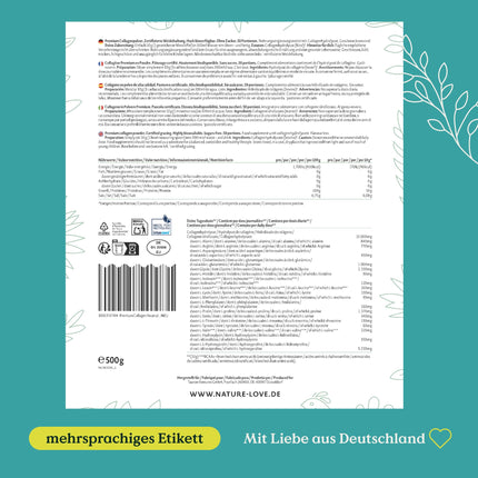 NATURE LOVE® Premium kolagēna pulveris - 500 g kolagēns - 1. un 3. tipa peptīdi - no zālē barotām liellopiem - bez garšas - bez pievienota cukura vai saldinātājiem