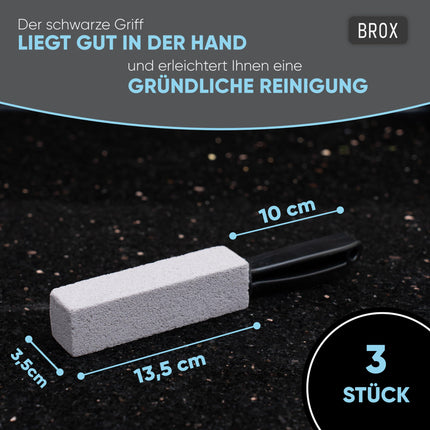 BROX® pumeka akmens tualetes 3 gabali – tualetes tīrīšanas līdzeklis grūti tīrāmiem urīna nosēdumiem un kaļķakmens nosēdumiem – pumeka akmens tualetes pods – tualetes akmens efektīvai tīrīšanai – tīrīšanas akmens – urīna akmeņu noņēmējs ar melnu rokturi