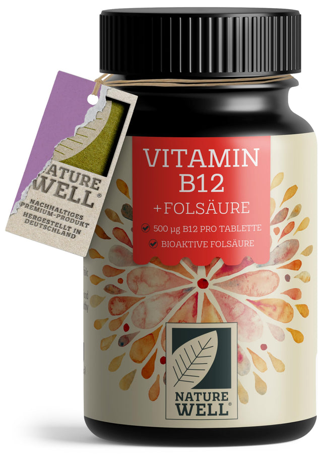 Augstas devas B12 vitamīns — 365 tabletes ar 500 µg B12 vitamīna + 200 µg folskābes vienā tabletē — ar metilkobalamīnu, adenozilkobalamīnu un hidroksokobalamīnu (B12 vitamīnu) — laboratoriski pārbaudīts ar sertifikātu — 100% vegāns