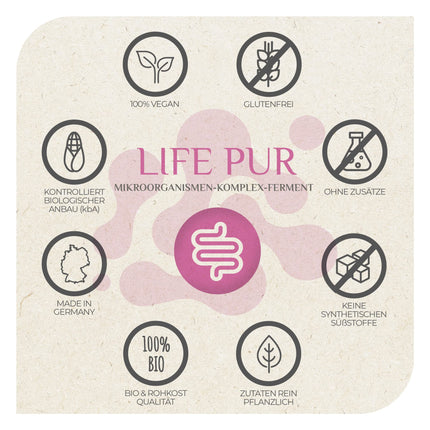 MikroVeda Life PUR 1l, bioloģiskais fermentu dzēriens, 33 baktēriju celmi, superaktivēts, ļoti pieejams šūnām, bioloģiski pieejams, vegāns, neapstrādāts, sertificēts ražotājs