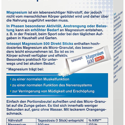 tetesept Magnesium 500 Direct – 1 x 20 Direct Sticks – Uztura bagātinātājs ar magnija pulveri lietošanai bez ūdens – Ātri aktīviem muskuļiem