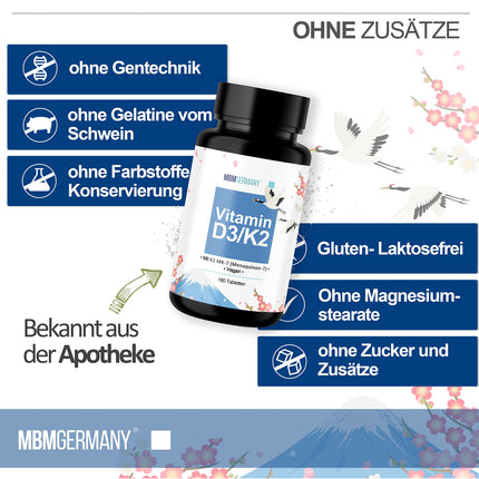 D3 vitamīna + K2 tabletes - 180 tabletes pa 5000 SV [DEPOT] - Augsta D3 vitamīna deva un 100 mcg K2 vitamīna vienā tabletē - Augsta kvalitāte: Manequinon MK7 - Laboratorijā pārbaudīts