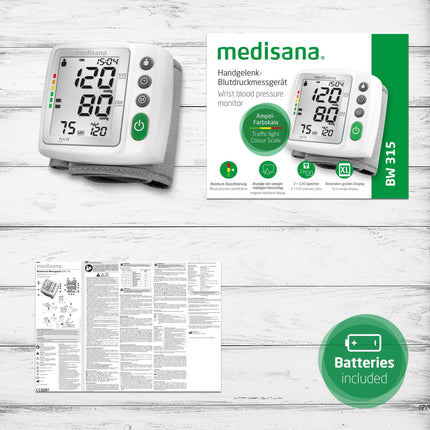 Medisana BW 315 plaukstas locītavas asinsspiediena mērītājs, precīzs asinsspiediena un pulsa mērījums, augsta asinsspiediena mērītājs ar luksofora skalu, asinsspiediena aproce ar aritmijas noteikšanu, atmiņas funkcija