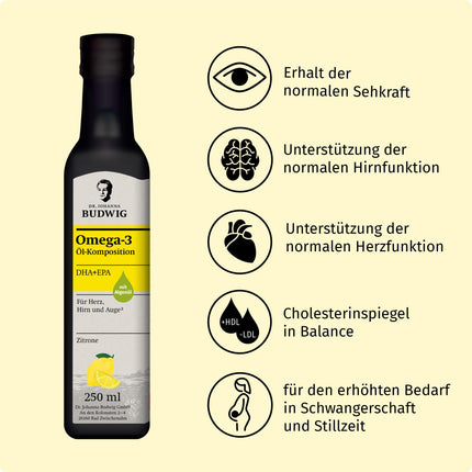 Dr. Johanna Budwig Omega 3 DHA+EPA Lemon (250ml) - linsēklu eļļa un Omega 3 aļģu eļļa - augsta deva (EPA DHA) - vegāna šķidrā aļģu eļļa, bērniem