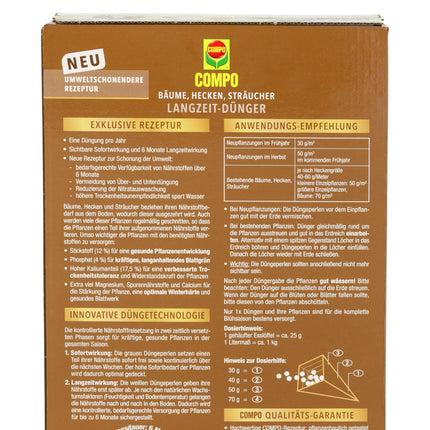 COMPO koku, dzīvžogu un krūmu ilgtermiņa mēslojums, videi draudzīga formula, 6 mēnešu ilgtermiņa iedarbība, 2 kg, 40 metriem dzīvžoga