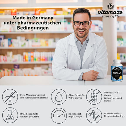 Omega 3 kapsulas, augsta deva, 400 mg EPA un 300 mg DHA triglicerīdu veidā 3 mēnešiem, 1 kapsula dienā, 1000 mg zivju eļļas no ilgtspējīgas zvejas, visaugstākā biopieejamība, ražots Vācijā