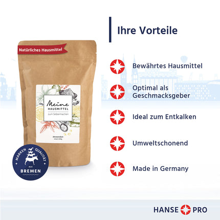 HANSE PRO citronskābe, 1 x 1000 g | Pulveris | Dabīgs mājsaimniecības līdzeklis | Augstas kvalitātes pārtikas kvalitātes produkts | Atkaļķotājs | Konservants