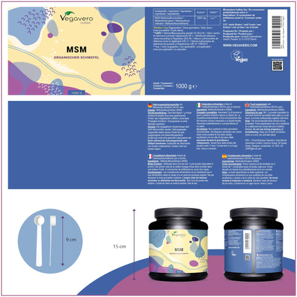 MSM pulveris 1000 g Vegavero® | 99,9% tīrība | Vācu produkcija | Metilsulfonilmetāns | Organiskais sērs | kristālisks | Laboratorijā pārbaudīts un bez piedevām | Vegāns